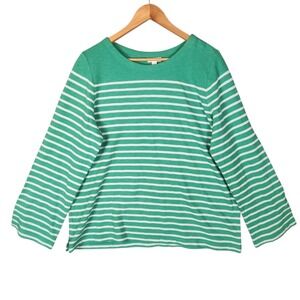 J. Jill Top Large Green White Striped Cotton Long Sleeve Textured Preppy New